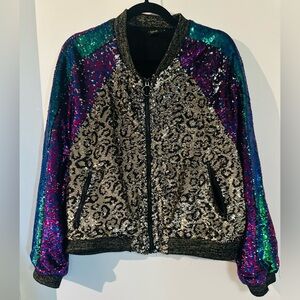 Splash Sequin Bomber Jacket in Silver and Purple